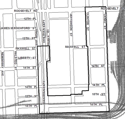 Roosevelt/Canal TIF district map, roughly bounded on the north by Roosevelt Road, the Burlington Northern Santa Fe Railway tracks south of 15th Place on the south, Canal Street on the east, and Union Avenue on the west.
